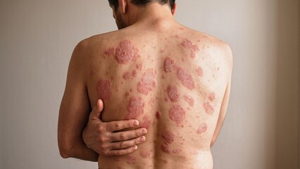 Close-up view of a man's back revealing the effects of psoriasis, featuring prominent skin patches that highlight the chronic autoimmune skin condition and its associated discomfort