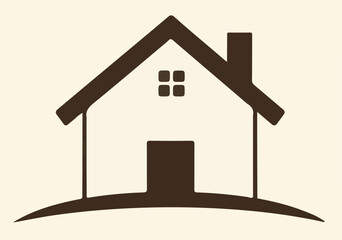 A minimalist brown outline icon of a house with a pitched roof, chimney, window, and door, sitting on a curved line, against a light beige background.