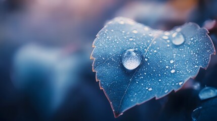 Macro Photography Dew Drops on Leaf Blue Nature