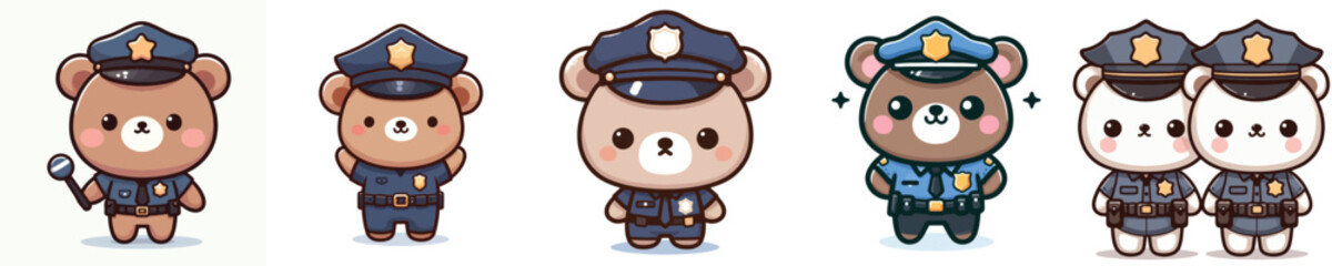 cute bear dressed as police icon set
