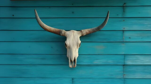 A rustic longhorn skull mounted on a vibrant turquoise wooden wall, evoking a sense of Western decor