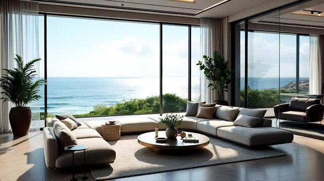 Luxurious Interior Living Room Featuring Ocean View and Comfortable Sofa Arrangement with Modern Design Elements