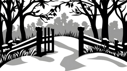 Fototapeta premium Winter Landscape Snowy Path Open Gate Black and White Illustration