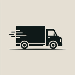 A simple black delivery truck icon with motion lines on a light beige background illustration