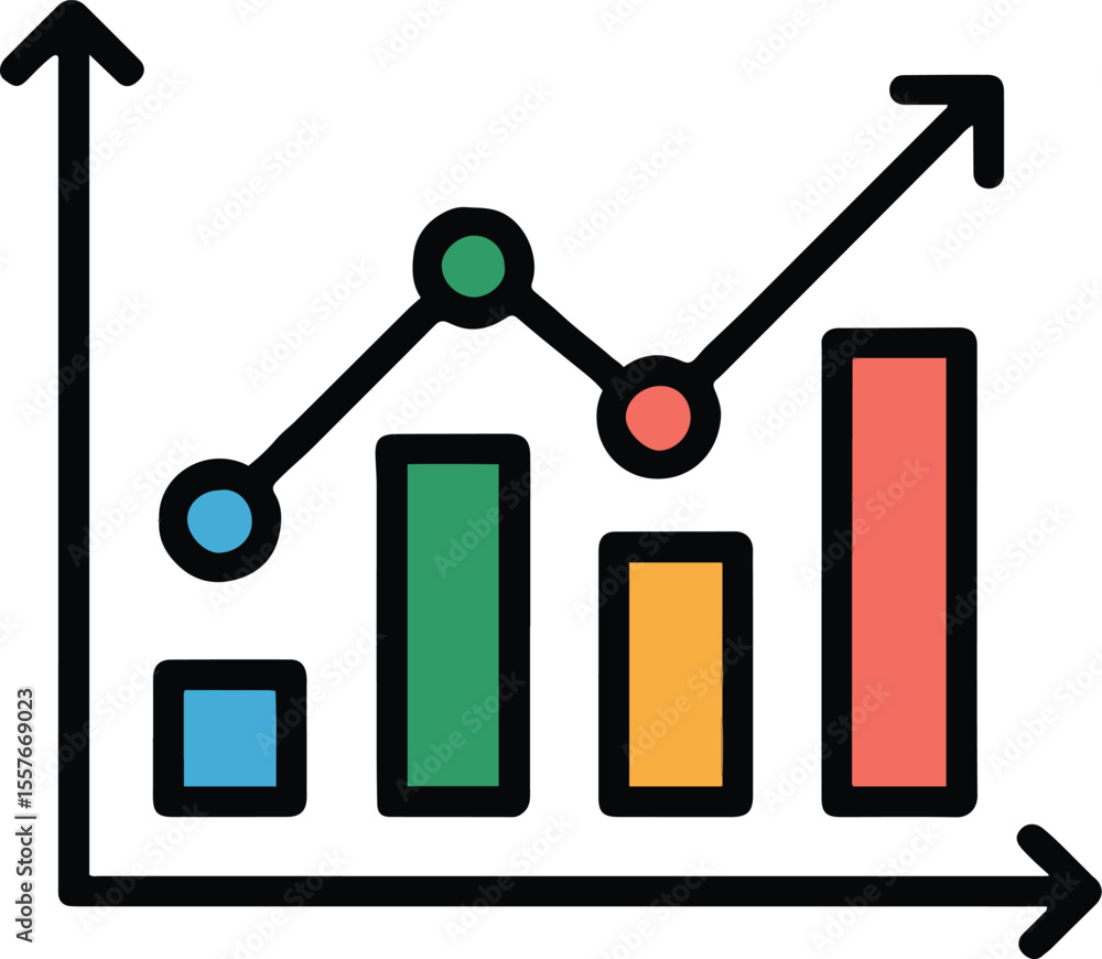 Poster colorful bar graph with an upward trending line showing positive growth and data visualization conce