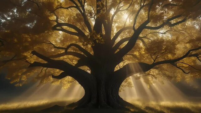 Magnificent Tree with Golden Leaves Illuminated by Sunlight in Atmospheric Forest Setting