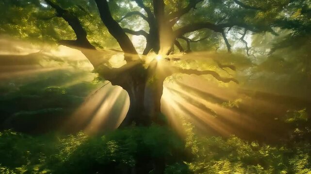Majestic Oak Tree Illuminated By Golden Sunlight