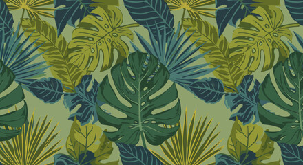 Lush Tropical Foliage Pattern with Monstera Palm and Broadleaf Plants.