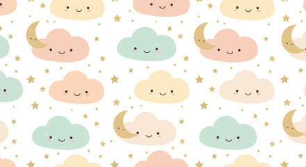 Pastel Clouds and Crescent Moons Seamless Pattern with Smiling Faces and Golden Stars.