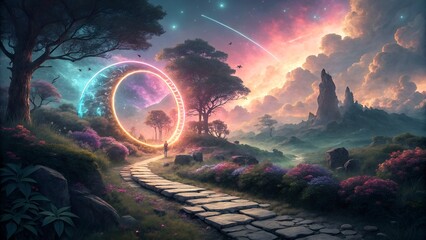 AI-generated digital artwork featuring a glowing sci-fi portal along a stone path in a vibrant, dreamlike forest. The surreal scene includes colorful clouds, mountains, and cosmic elements.HD