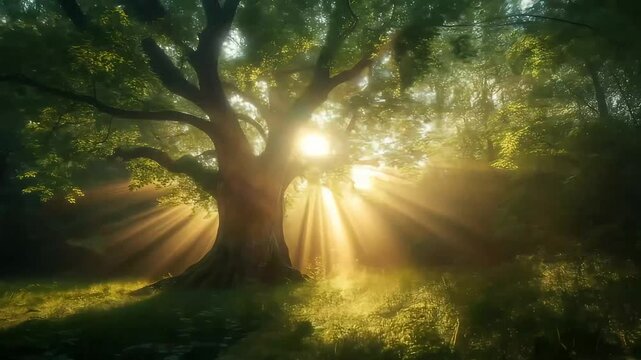 Majestic Tree Illuminated By Sunlight In Forest