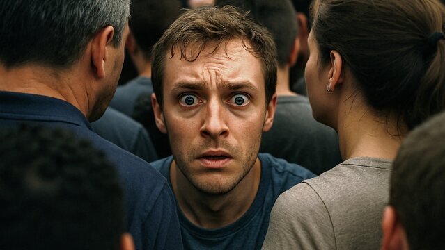 Scared man experiencing agoraphobia, surrounded by many people, feeling observed and judged, suffering from social anxiety and panic attack