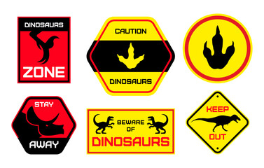 Set of warning signs with dinosaur silhouettes and footprints in red, yellow, and black. Prehistoric danger zone icons in flat vector style, perfect for themed parks, posters, or educational use