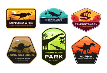 Set of colorful paleontology vector badges featuring Spinosaurus, Mosasaurus, Concavenator, Brachiosaurus and T.Rex. Includes slogans and prehistoric park emblems.