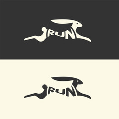 Creative logo of a running rabbit with the word "RUN" integrated into its body. Minimalist black and white vector design, perfect for sports branding, fitness, or athletic-themed visuals.