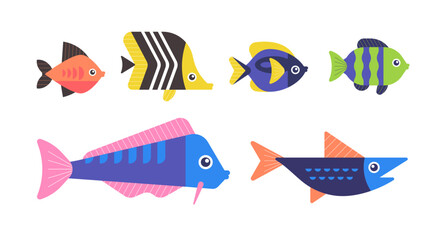 Colorful vector illustration of six tropical fish in a flat cartoon style. Isolated marine animals with unique shapes and vibrant patterns, perfect for ocean-themed designs and educational materials.