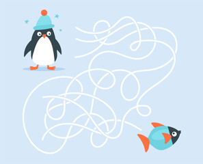 Cute vector maze game with a penguin in a winter hat trying to reach a fish. Fun and colorful educational activity for kids featuring Arctic animals and a playful snowy theme.