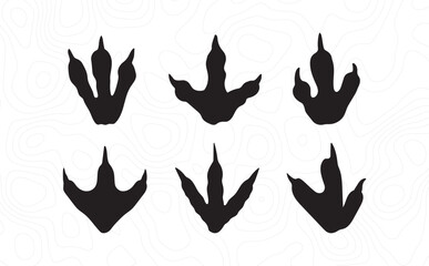 Vector illustration of various black dinosaur footprints on a white topographic background. Prehistoric theropod tracks in silhouette style, ideal for educational or themed design projects.
