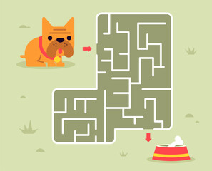 Cartoon illustration of a cute dog solving a maze to reach its food bowl with a bone. Fun and colorful pet-themed concept in flat vector style, perfect for kids and puzzles.