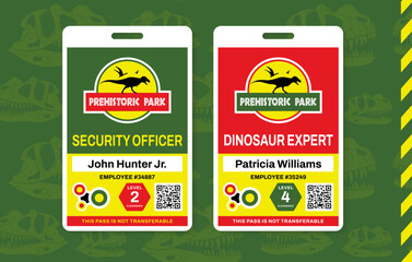 Illustration of fictional employee ID badges for a prehistoric dinosaur park, featuring roles like Security Officer and Dinosaur Expert. Colorful vector design with clearance levels and QR codes.