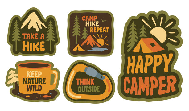 Set of retro-style vector camping and hiking badges with motivational quotes. Includes tents, mountains, trees, mugs, and outdoor-themed elements. Perfect for stickers, apparel, or nature designs.