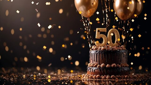 Chocolate cake with golden number 50 candles surrounded by confetti and balloons. Luxurious celebration scene for birthday or anniversary with warm lighting and festive decor.