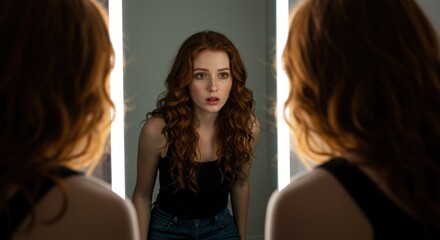 A young woman with red hair looks at her reflection in a mirror, appearing surprised.