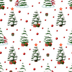 Seamless pattern with snow-covered Christmas trees, snowmen, red berries, and gift boxes, created with digital watercolors. Perfect for winter and holiday themes.