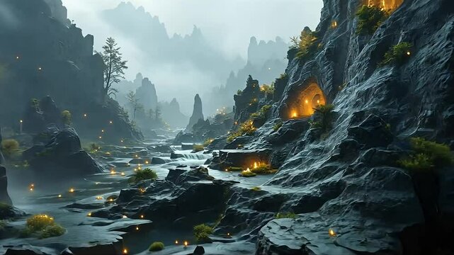 Misty Valley With Glowing Rocks And Caves