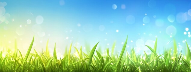 Obraz premium Vibrant Green Grass Meadow Under a Sunny Blue Sky