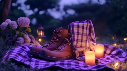 Cozy Autumn Night Hiking Boots Candles Plaid Blanket Scene