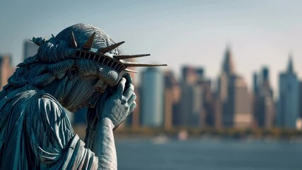 Emotional statue of liberty with her head in hands. American state of grief and depression. - Powered by Adobe