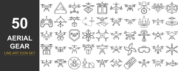 50 Line Art Vector Icons of Drone Gear and Flying Tech — Including FPV Drones, Thermal Cameras, Flight Paths, and High-Tech Aerial Equipment for Mobile Interfaces, Presentations, and Digital Products © rashelrs43