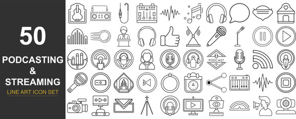 50 Line Art Vector Icons of Podcasting and Streaming Tools Including Microphones, Headphones, Mixers, and Audio Interfaces — Ideal for Digital Creators, UI Design, and Online Broadcasting Projects