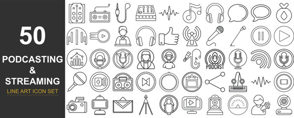50 Vector Line Art Icons of Podcast and Streaming Equipment Featuring Studio Gear, Digital Audio Tools, and Online Broadcasting Elements for Web, Mobile UI, and Content Creators
