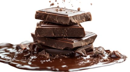 Delicious chocolate bar pieces falling into chocolate splash isolated on white transparent background