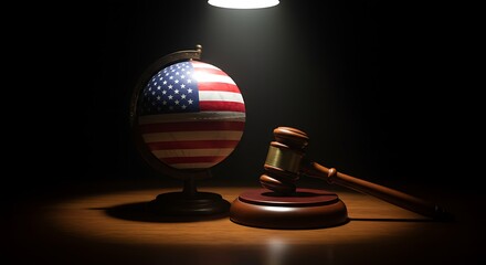 American Law and Global Impact Gavel and Flag Globe on Wooden Surface