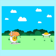 A UFO shaped like a sunny-side-up egg abducting a mysterious beam at night.Vector illustration design. EPS 10.