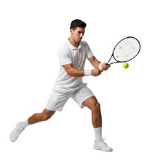 Young man in white tennis outfit hitting a yellow ball with a racket isolated on transparent background