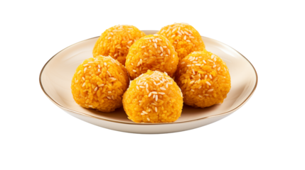 A close up of a plate of six orange colored laddu sweets with white sesame seeds on a white plate