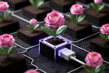 A glowing USB drive plugged into a block of soil, with digital data transforming into blooming flowers, metaphor for digital growth and sustainability