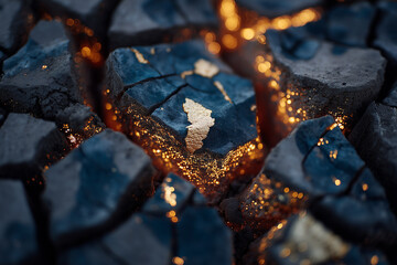 Gold Vein in Dark Rock: Glowing gold veins shimmer within the cracks of dark, rough rock, creating a dramatic contrast of light and shadow. 
