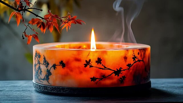 Orange Candle With Cherry Blossom Design