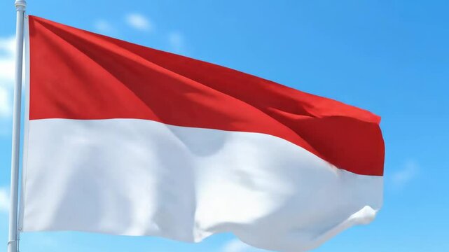 A red and white flag is displayed against a light blue sky