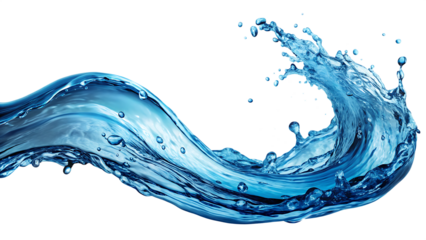 Dynamic blue water splash with droplets and waves against a black background isolated on a transparent background