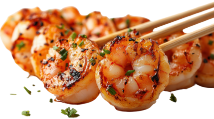 Delicious Juicy grilled Shrimp Held By Chopsticks isolated on a white transparent background
