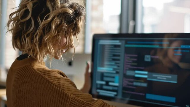Woman coding on computer A professional woman deeply concentrated, diligently writes code on her computer screen. A testament to innovation, progress, and the ever-evolving digital landscape.