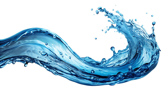 Dynamic blue water splash with droplets and waves against a black background isolated on a transparent background