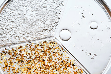 24k gold serum, hyaluronic serum and hyaluronic anti-age gel in a petri dish.