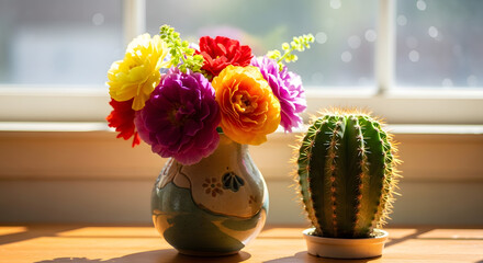 Colorful Ranunculus Flower Bouquet and Cactus on a Sunlit Windowsill